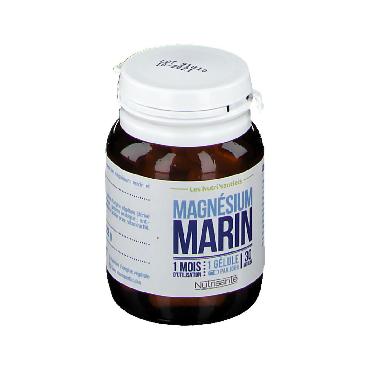 Bruine fles, witte dop. Opschrift: MAGNÉSIUM MARIN, 1 maand, 1 capsule per dag. Merk: Nutrisanté.