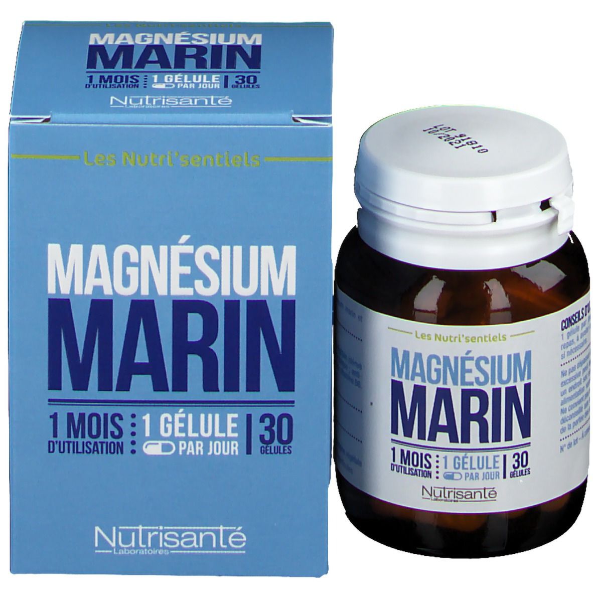 Productverpakking met fles. Opschrift: MAGNÉSIUM MARIN, 1 maand, 1 capsule per dag. Merk: Nutrisanté.
