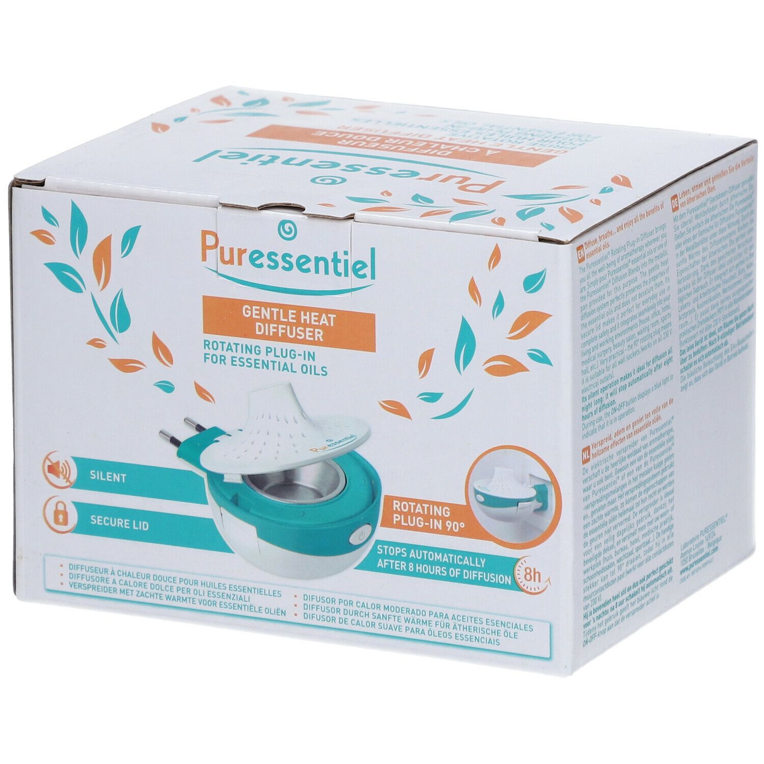 Verpakking van de Puressentiel Gentle Heat Diffuser. Witte doos met productafbeelding en tekst. Turquoise-witte diffuser met stekker.