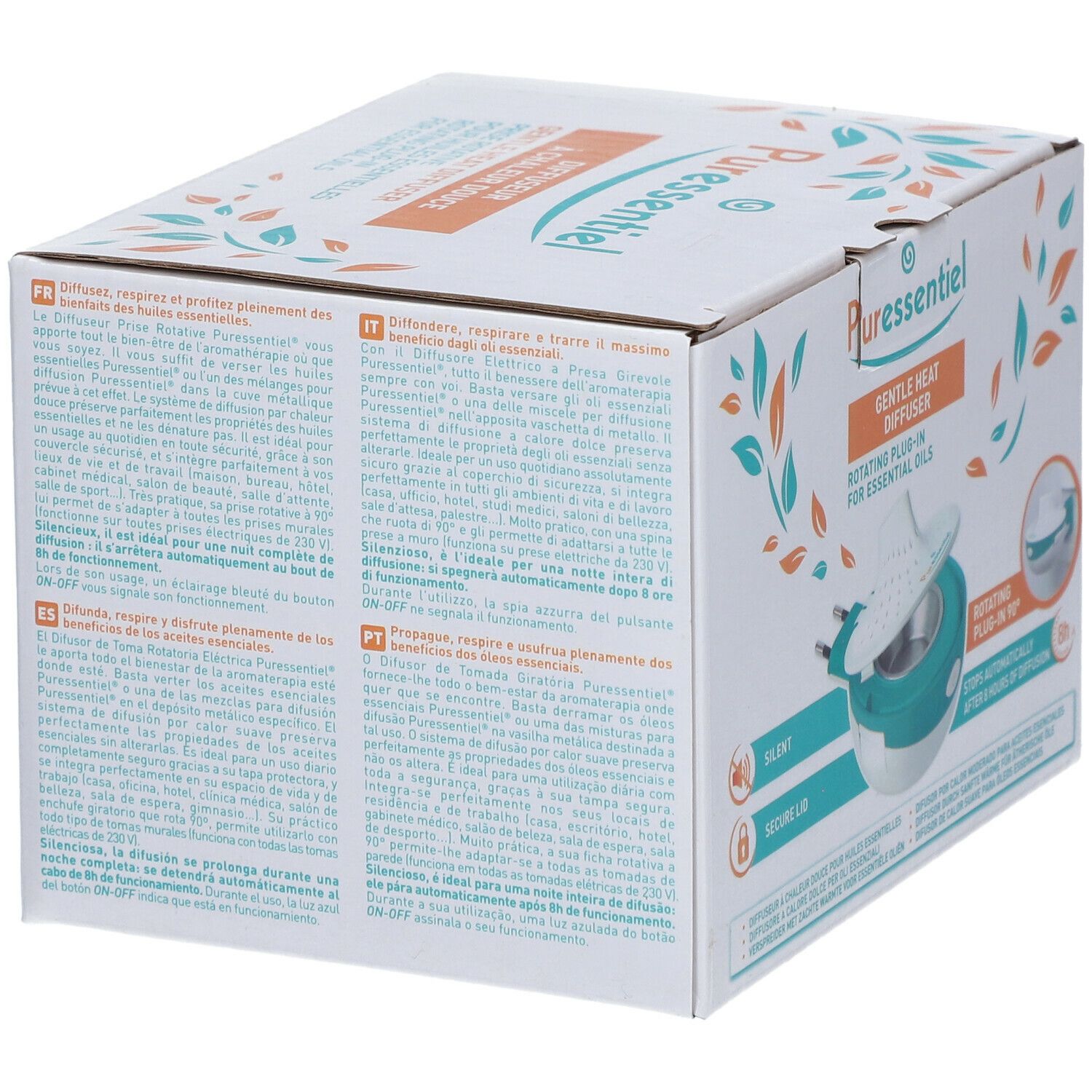 Achterkant van de Puressentiel diffuser verpakking. Witte doos met tekst in verschillende talen. Illustratie van de diffuser.