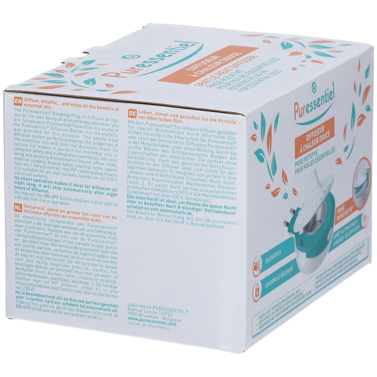 Achterkant van de Puressentiel diffuser verpakking. Witte doos met tekst in verschillende talen. Illustratie van de diffuser.