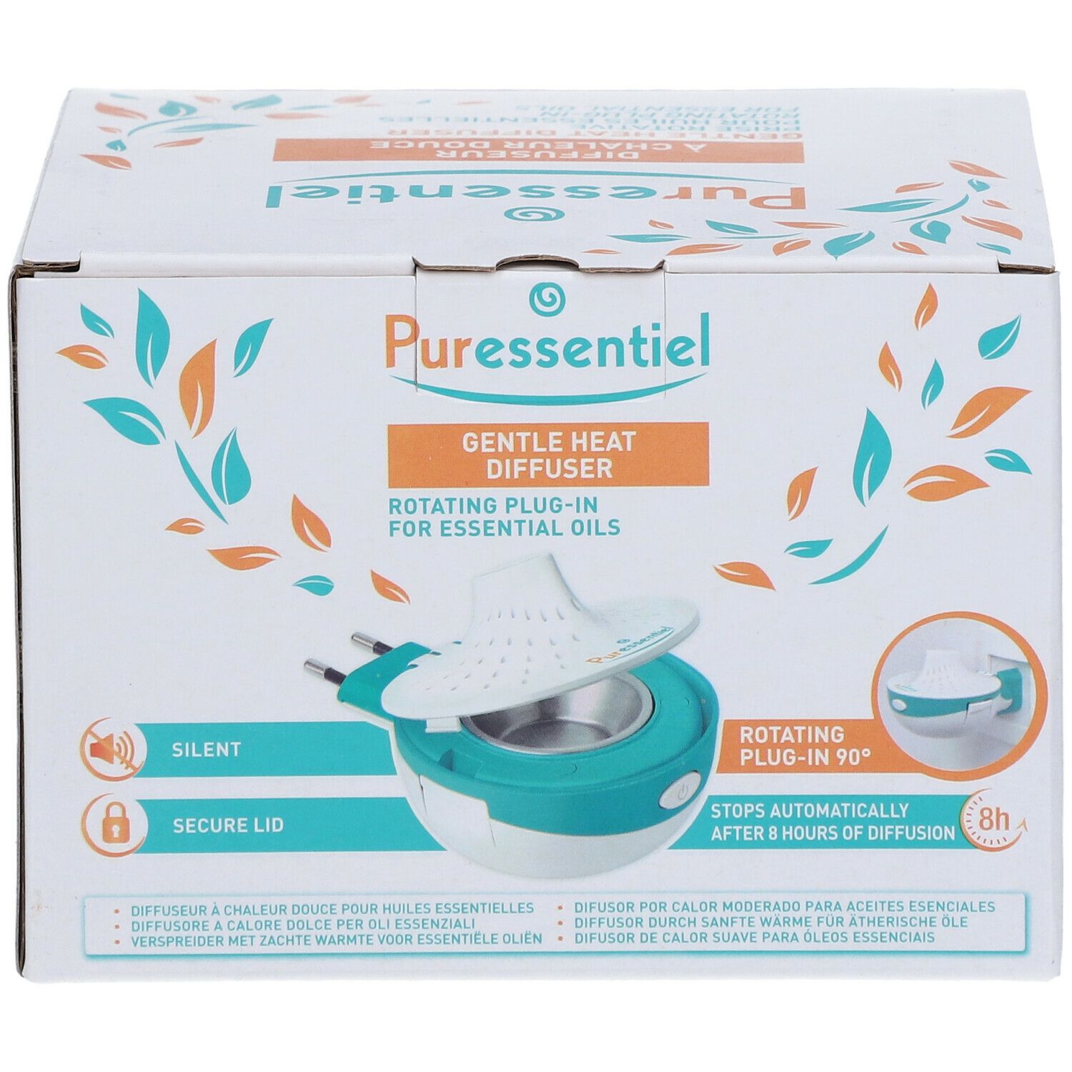 Puressentiel Gentle Heat Diffuser verpakking. Witte doos met productafbeelding en tekst. Turquoise-witte diffuser met stekker.