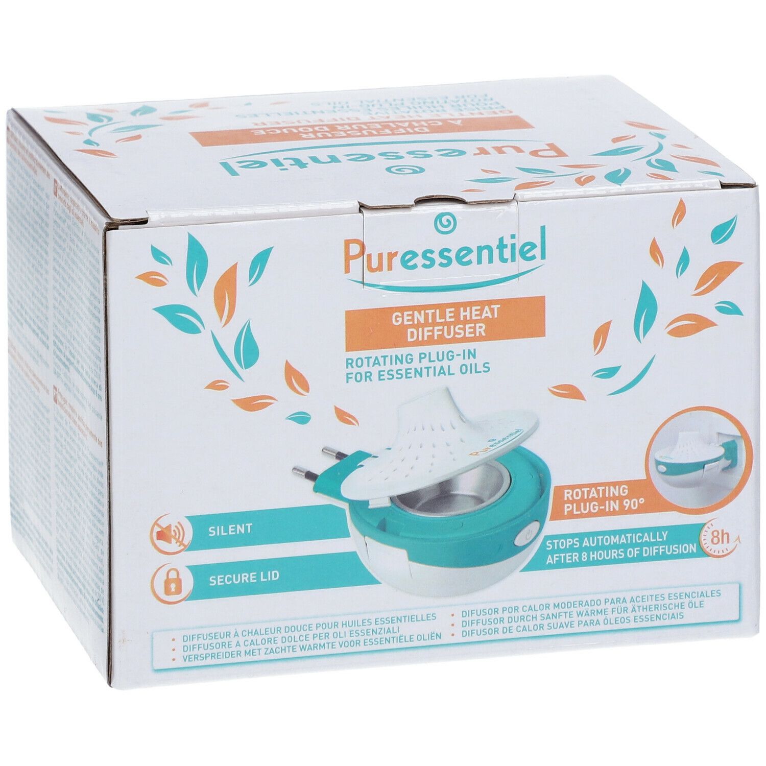Puressentiel Gentle Heat Diffuser verpakking. Witte doos met productafbeelding en tekst. Turquoise-witte diffuser met stekker.
