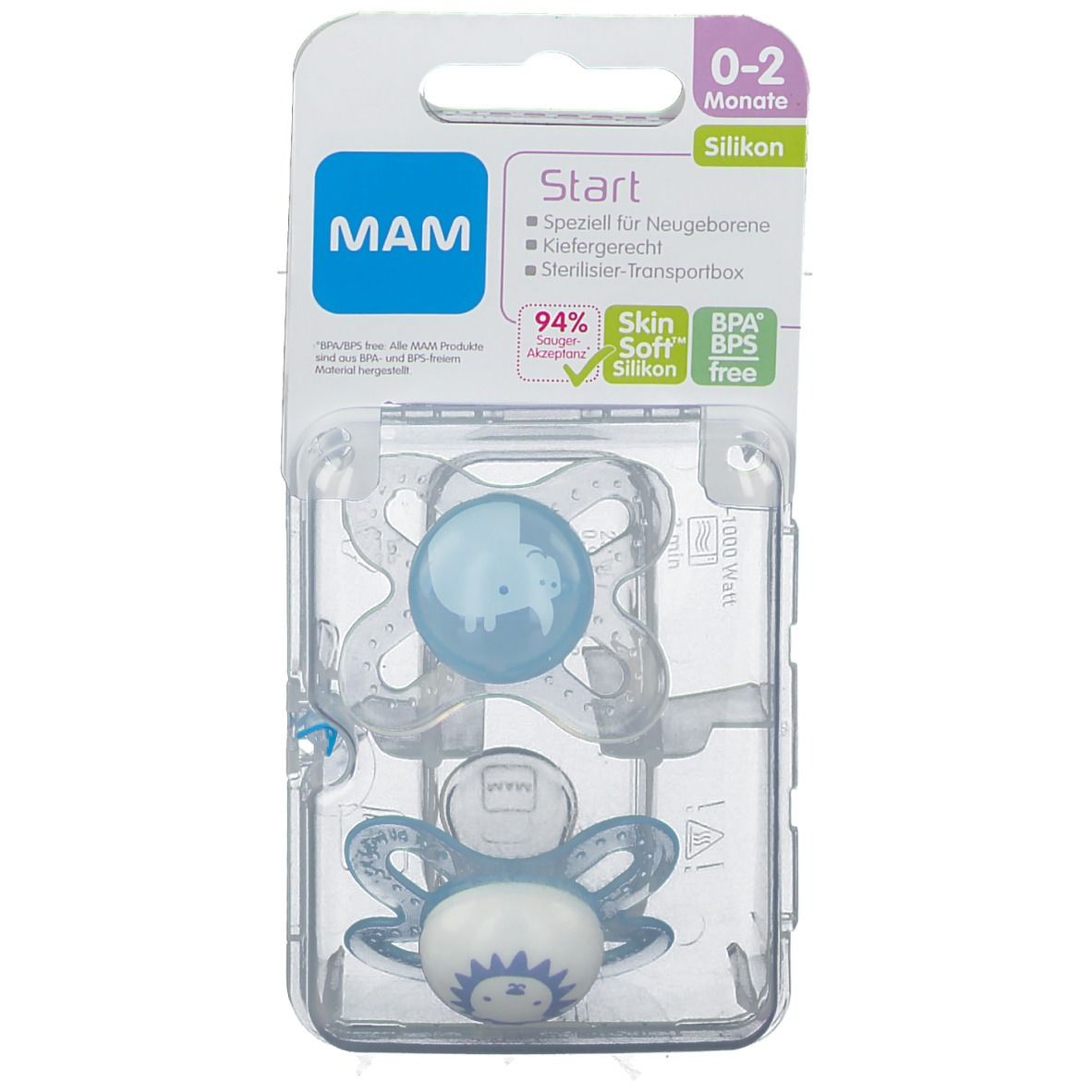 MAM Start siliconen fopspenen, 0-2 maanden, in verpakking. Twee blauwe fopspenen, kaakvriendelijk, met siliconen speen.