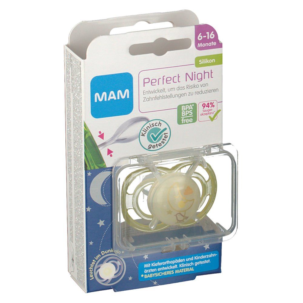 Verpakking met fopspeen. De fopspeen is geel en transparant. Op de verpakking staat "Perfect Night" en "6-16 maanden".