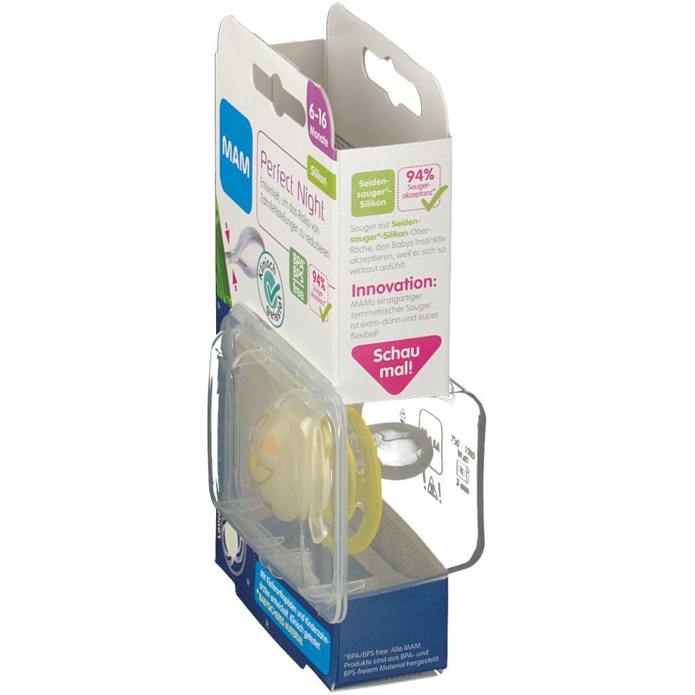 Zijaanzicht van de verpakking met fopspeen. De fopspeen is geel en transparant. Op de verpakking staat "Perfect Night".