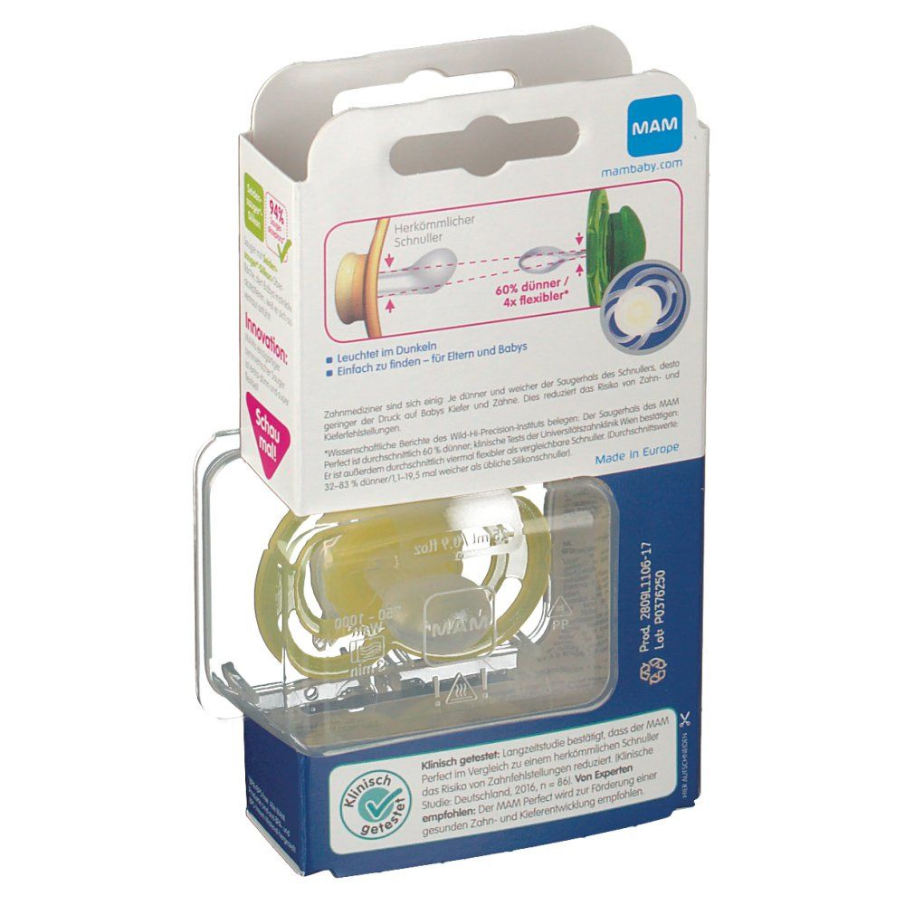 Achterkant van de verpakking met fopspeen. De fopspeen is geel en transparant. Tekst en illustraties tonen productkenmerken.