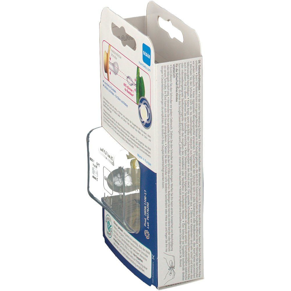 Zijaanzicht van de verpakking met fopspeen. Tekst en illustraties tonen productkenmerken en certificeringen.