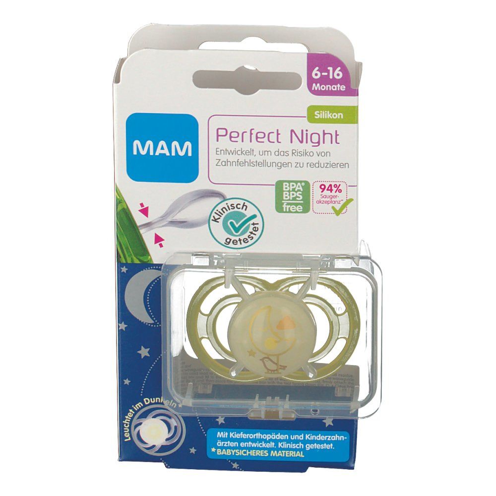 Verpakking met fopspeen. De fopspeen is geel en transparant. Op de verpakking staat "Perfect Night" en "6-16 maanden".
