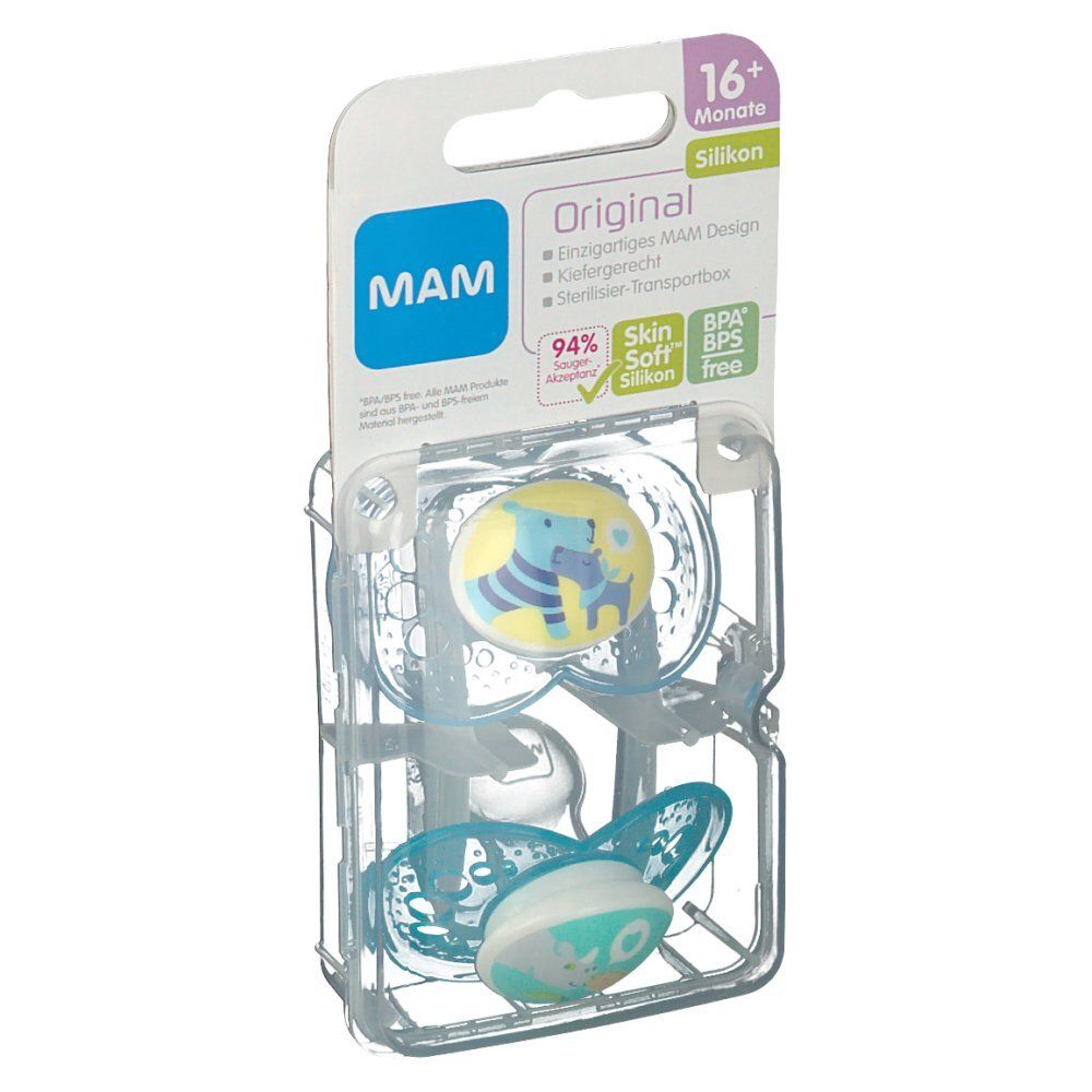 Twee fopspenen in een transparante verpakking. Op de verpakking staat "MAM Original" en "16+ maanden". De fopspenen zijn blauw en geel.