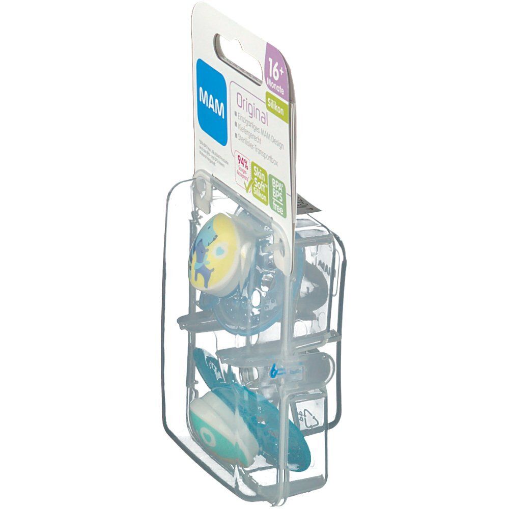 Zijaanzicht van de verpakking met twee fopspenen. Op de verpakking staat "MAM Original" en "16+ maanden". De fopspenen zijn blauw en geel.