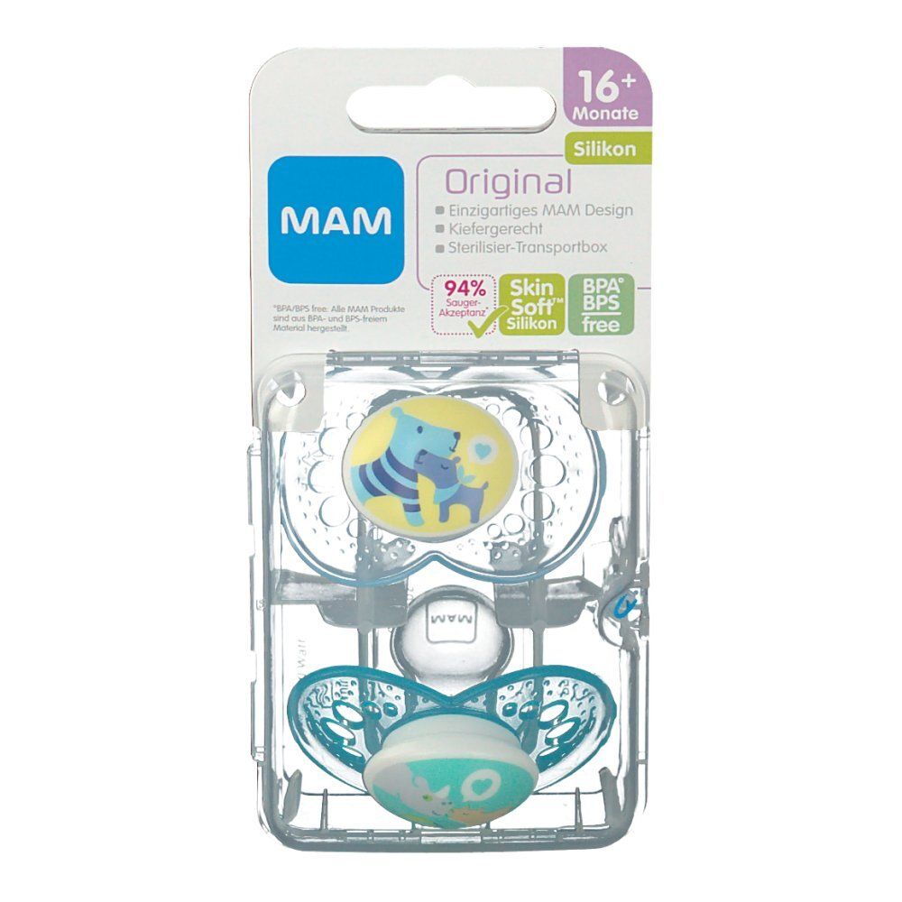 Twee fopspenen in een transparante verpakking. Op de verpakking staat "MAM Original" en "16+ maanden". De fopspenen zijn blauw en geel.