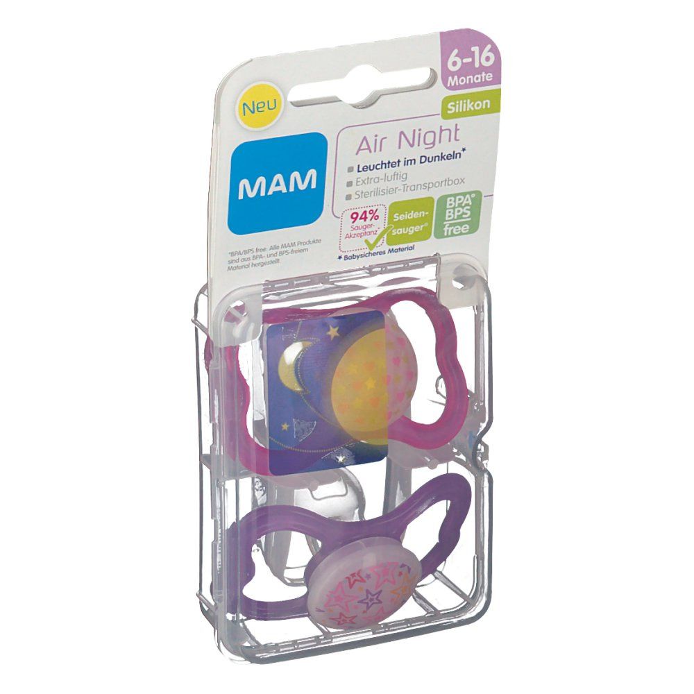 Deux sucettes dans un emballage plastique. Emballage avec logo MAM, nom du produit, recommandation d'âge et autres caractéristiques.