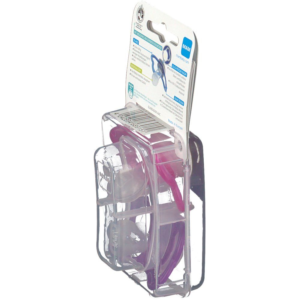 Vue latérale de l'emballage avec informations sur le produit. Deux sucettes dans l'emballage, violettes et roses. Logo MAM et nom du produit visibles.