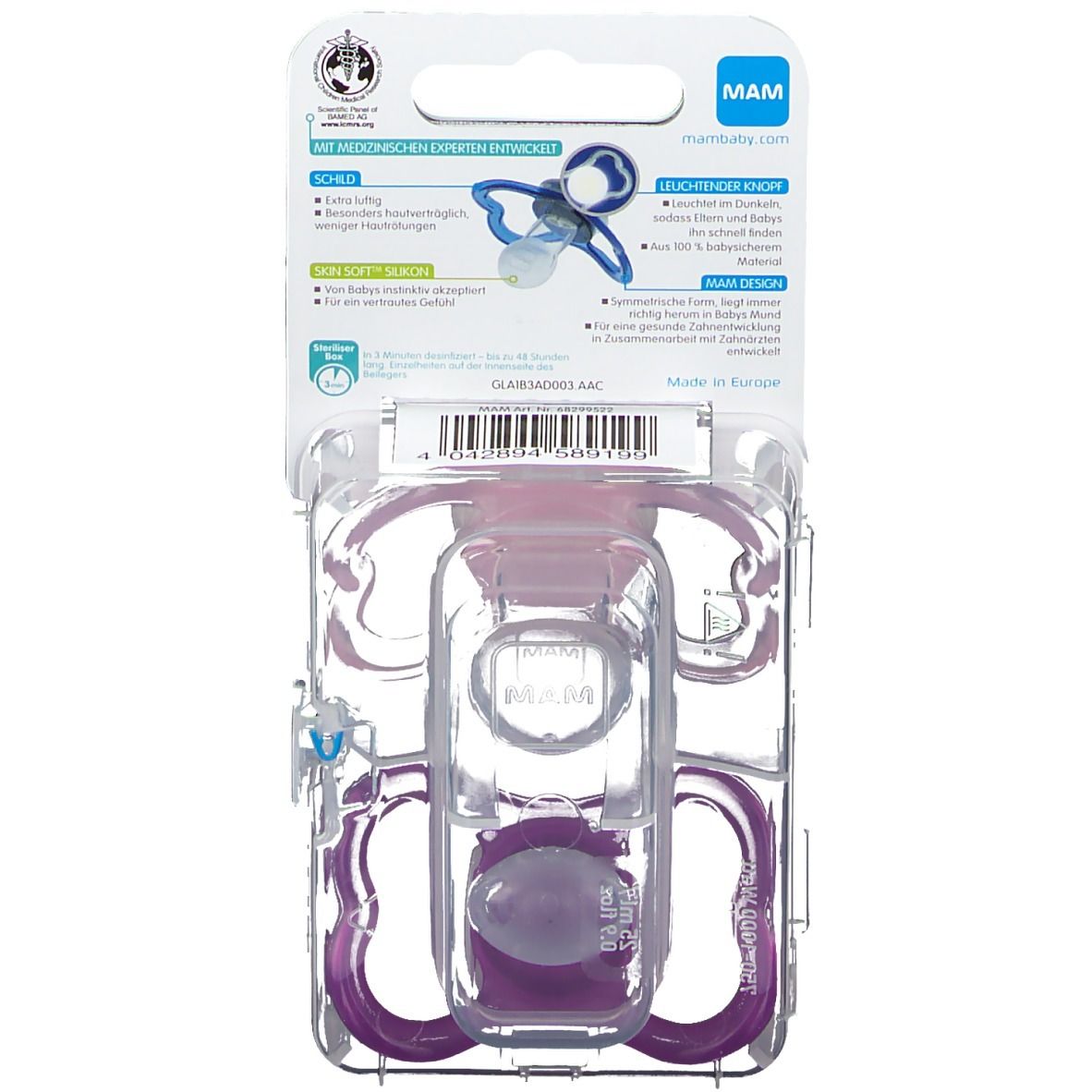 Achterkant van de MAM Air Night fopspeenverpakking. Informatie over materiaal, ontwerp en certificeringen.