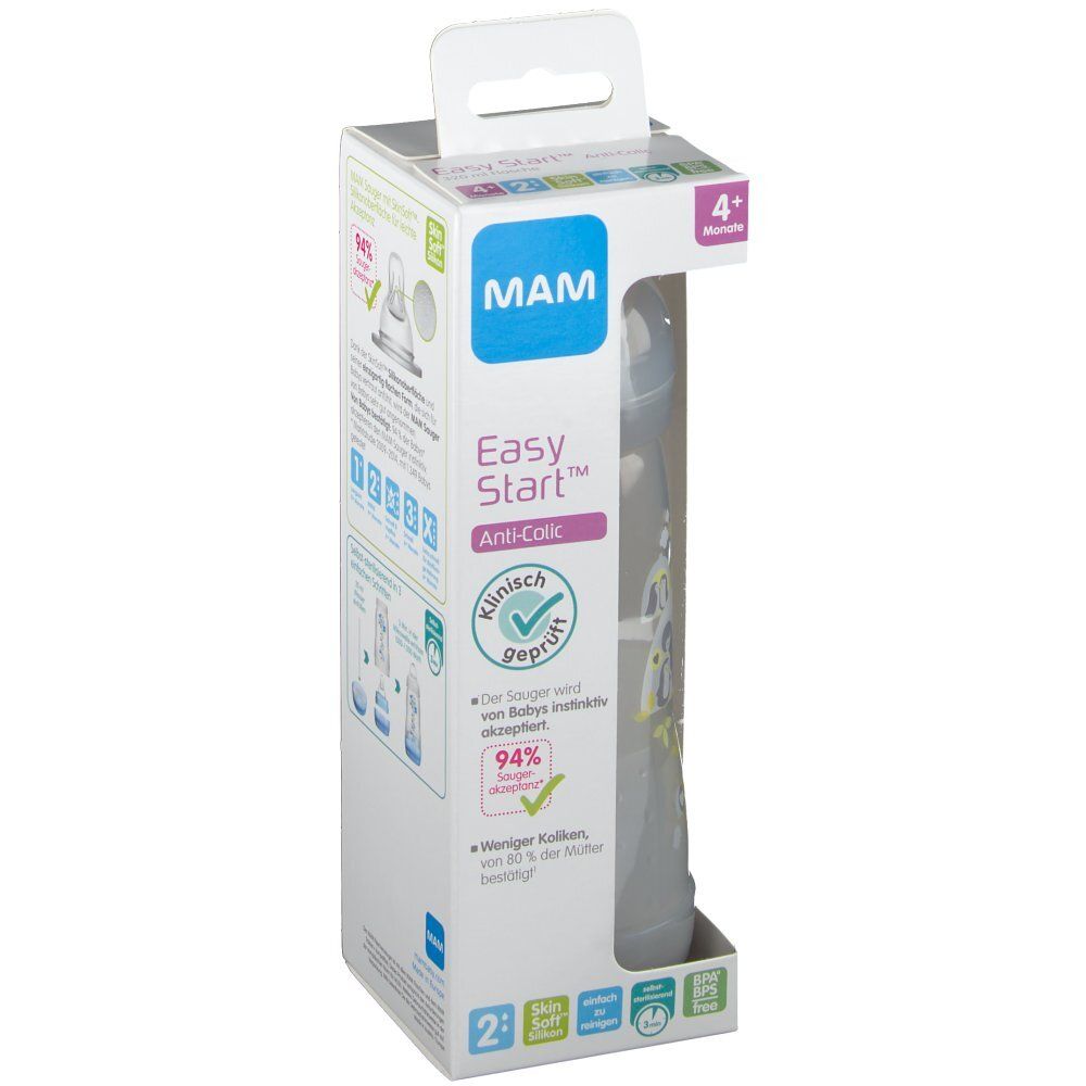 MAM Easy Start Anti-Colic babyfles in verpakking. Geschikt voor 4+ maanden. Klinisch getest. Grijze fles.
