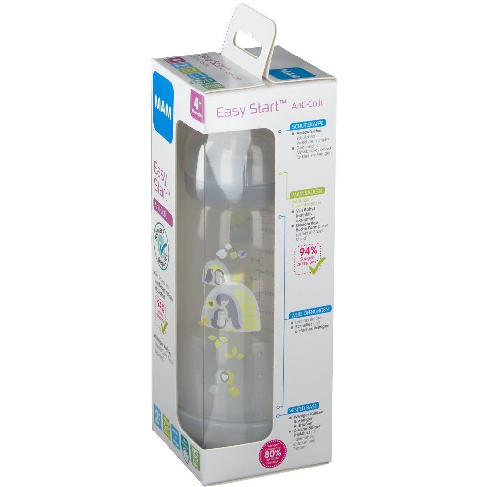 MAM Easy Start Anti-Colic babyfles in verpakking. Geschikt voor 4+ maanden. Klinisch getest. Grijze fles.