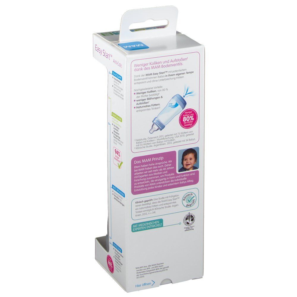 Verpakking van de MAM Easy Start Anti-Colic babyfles. Informatie over anti-koliek. Geschikt voor 4+ maanden.