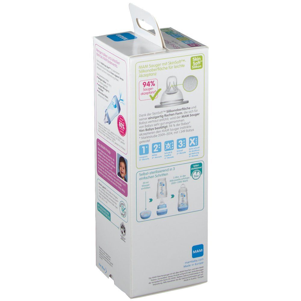 Verpakking van de MAM Easy Start Anti-Colic babyfles. Informatie over de speen. Geschikt voor 4+ maanden.