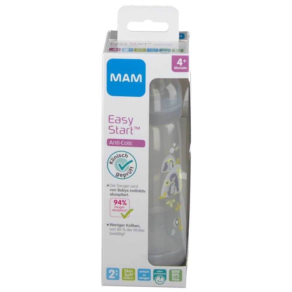 MAM Easy Start Anti-Colic babyfles in verpakking. Geschikt voor 4+ maanden. Klinisch getest. Grijze fles.