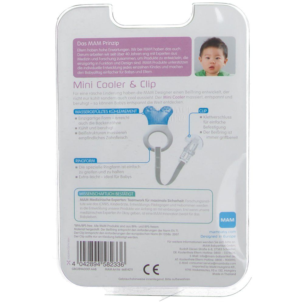 Dos de l'emballage MAM Mini Cooler & Clip. Illustration du produit, texte, fixation du clip. Sans BPA.