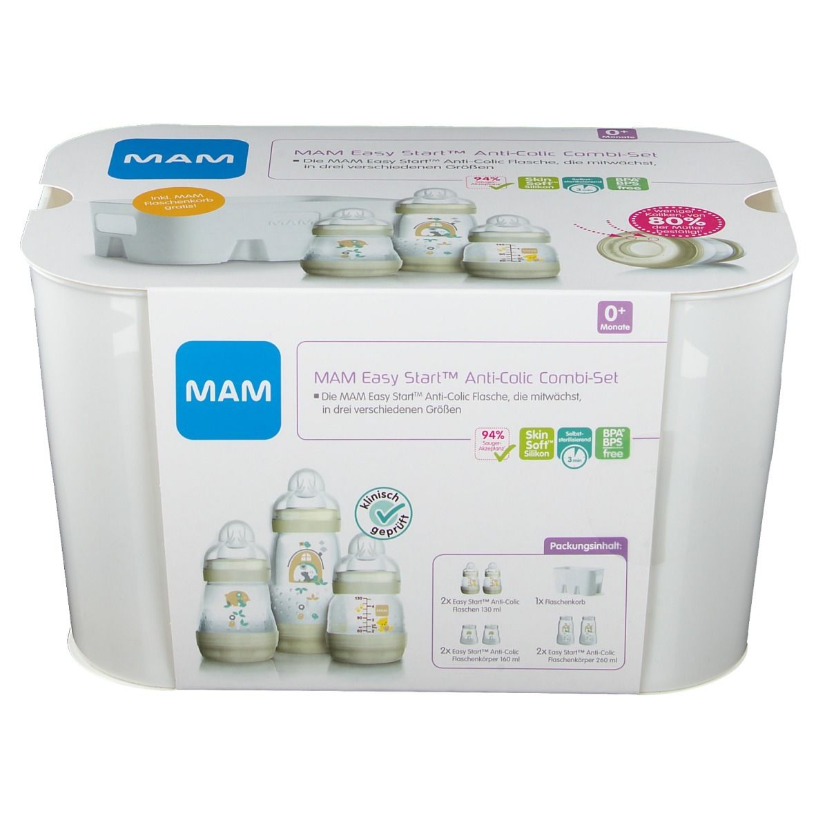 MAM Easy Start Anti-Colic Combi-Set. Witte verpakking met productafbeeldingen en tekst. Inclusief flessen en accessoires.