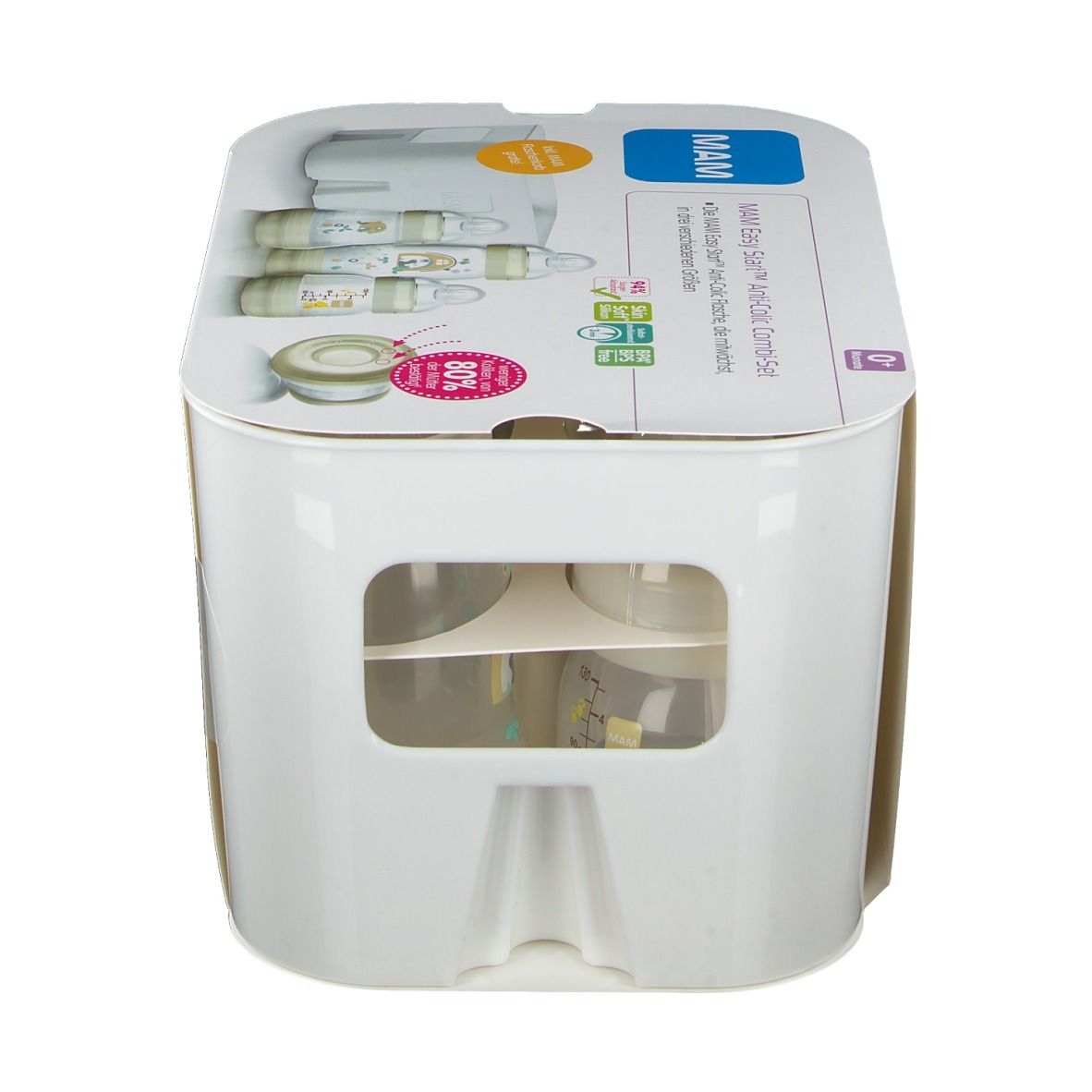 MAM Easy Start Anti-Colic Combi-Set. Witte verpakking met productafbeeldingen. Flessen zichtbaar door venster.