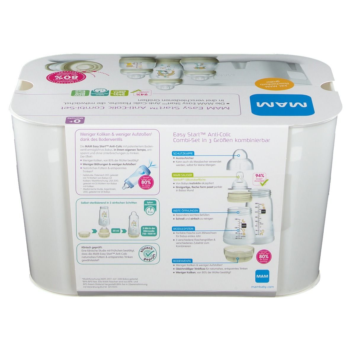 Achterkant van de MAM Easy Start Anti-Colic Combi-Set. Informatie en afbeeldingen van flessen en accessoires.