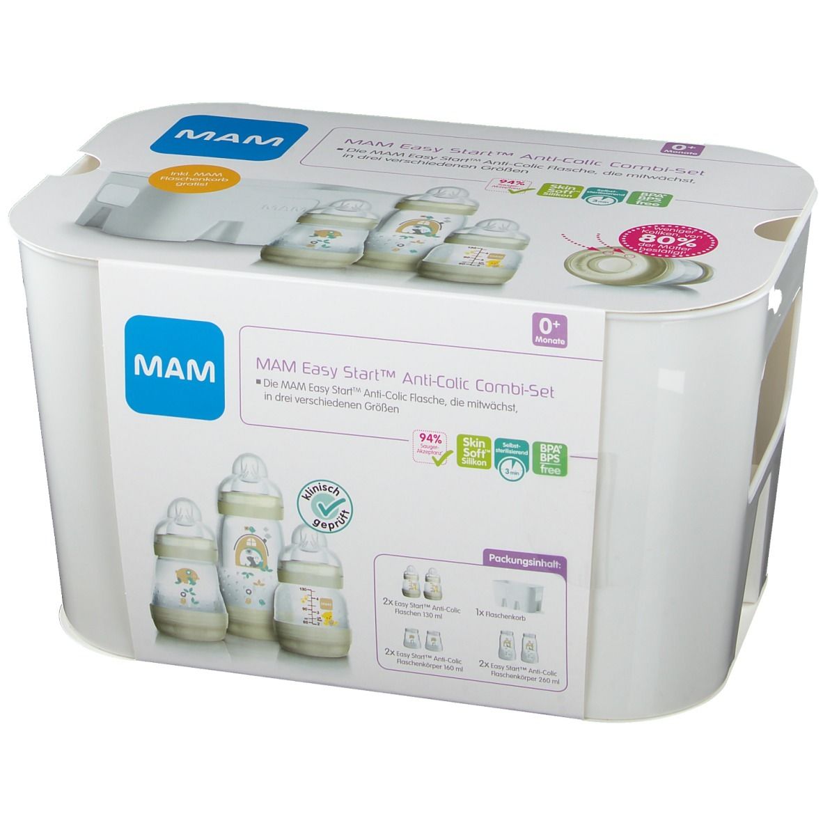 MAM Easy Start Anti-Colic Combi-Set. Witte verpakking met productafbeeldingen en tekst. Inclusief flessen en accessoires.