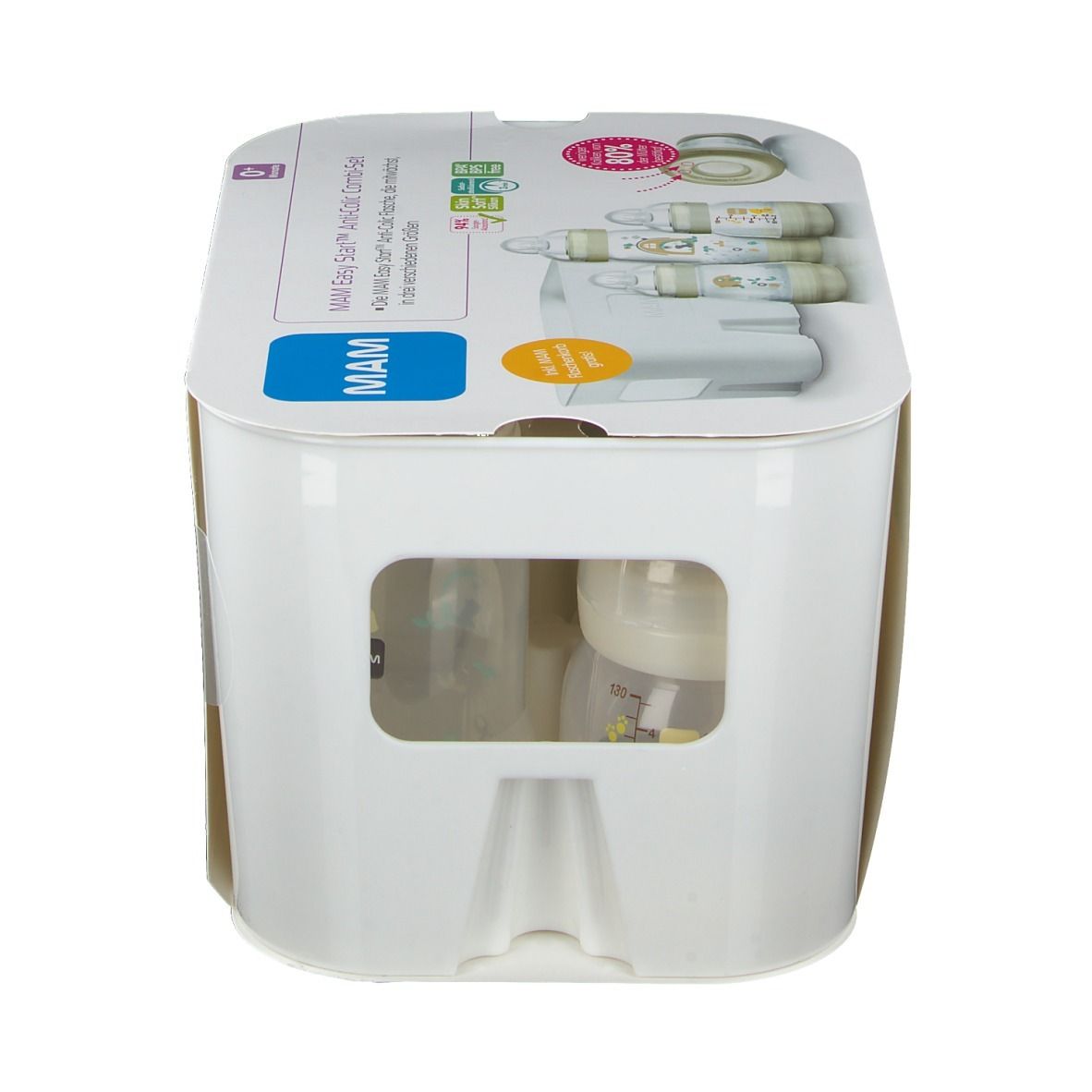 MAM Easy Start Anti-Colic Combi-Set. Witte verpakking met productafbeeldingen. Flessen zichtbaar door venster.