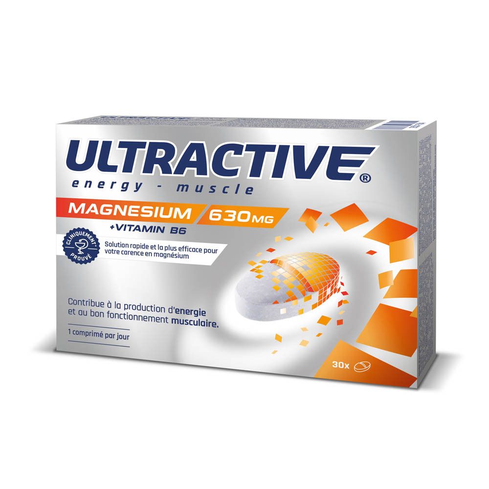 Boîte de Magnésium Ultractive 630mg avec Vitamine B6, 30 comprimés.