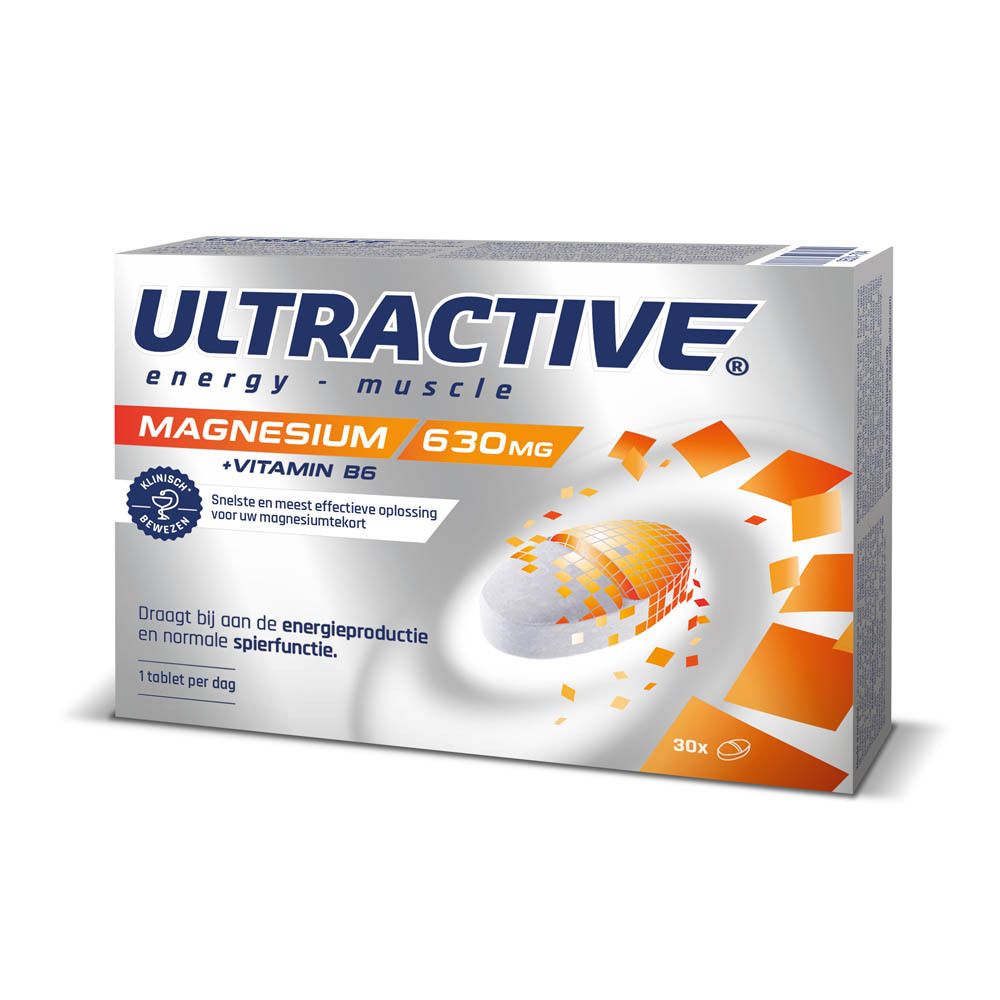 Verpakking Ultractive Magnesium 630mg met Vitamine B6, 30 tabletten.