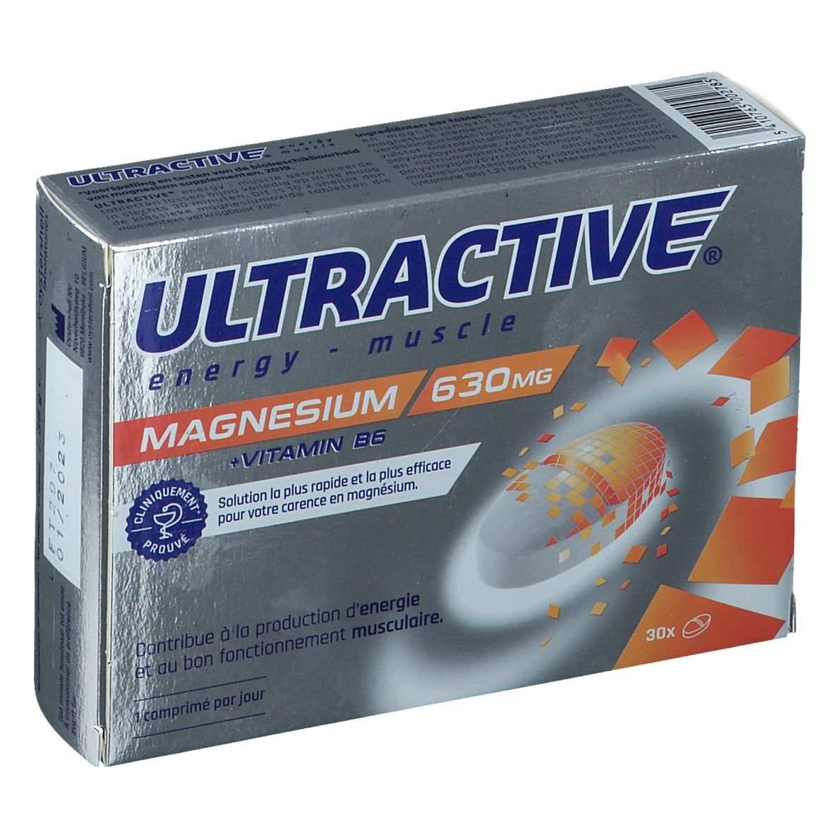 Doos Ultractive Magnesio. Bevat 30 tabletten. Opschrift: 630 mg Magnesium + Vitamine B6. Klinisch bewezen.