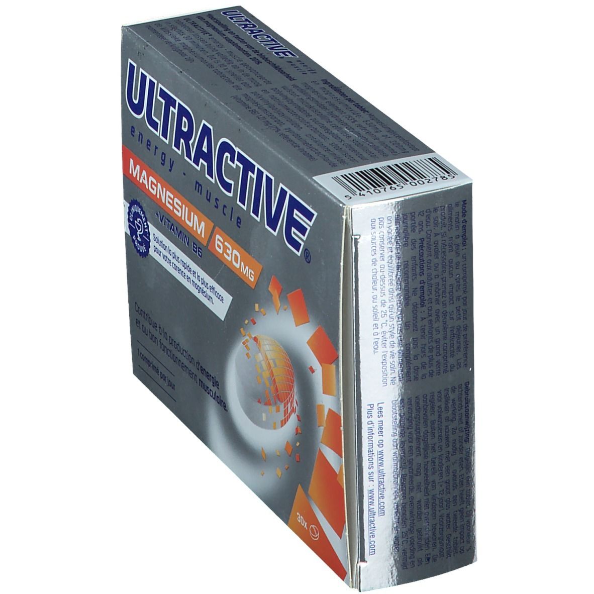 Doos Ultractive Magnesio. Bevat 30 tabletten. Opschrift: 630 mg Magnesium + Vitamine B6. Klinisch bewezen.