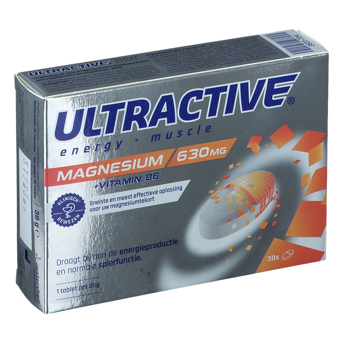 Doos Ultractive Magnesio. Bevat 30 tabletten. Opschrift: 630 mg Magnesium + Vitamine B6. Klinisch bewezen.