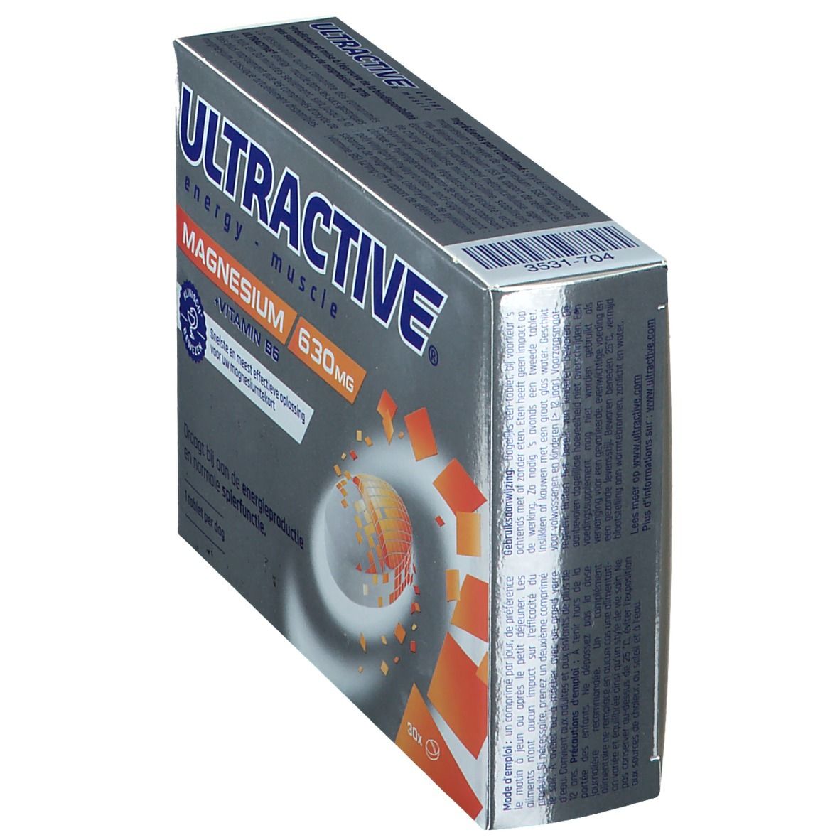 Doos Ultractive Magnesio. Bevat 30 tabletten. Opschrift: 630 mg Magnesium + Vitamine B6. Klinisch bewezen.