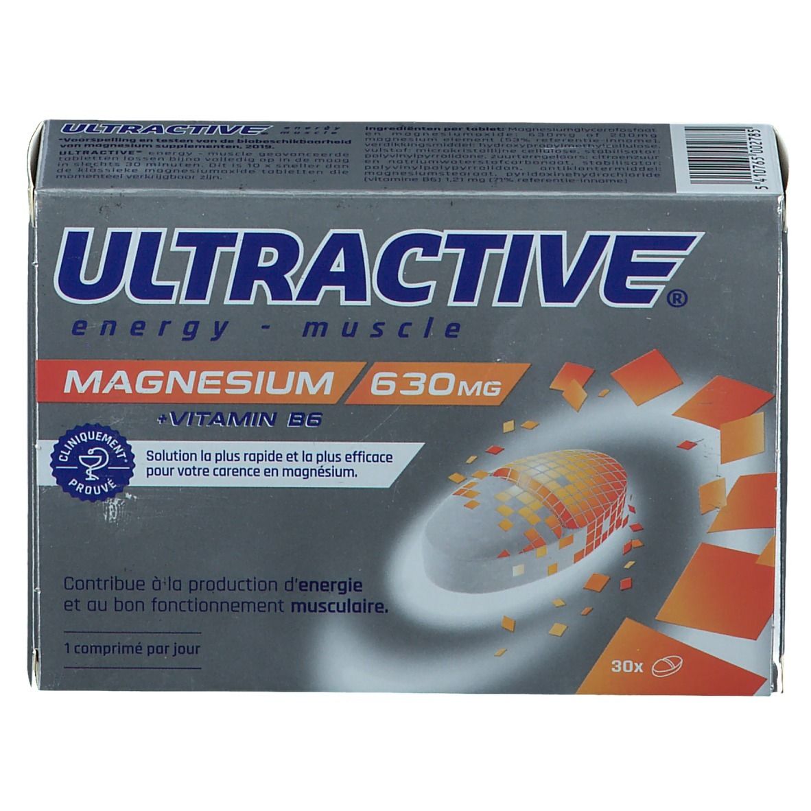 Doos Ultractive Magnesio. Bevat 30 tabletten. Opschrift: 630 mg Magnesium + Vitamine B6. Klinisch bewezen.