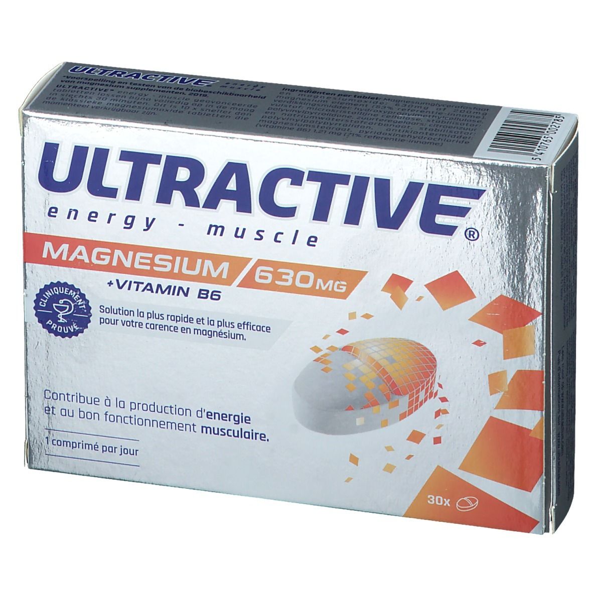 Doos Ultractive Magnesio. Bevat 30 tabletten. Opschrift: 630 mg Magnesium + Vitamine B6. Klinisch bewezen.