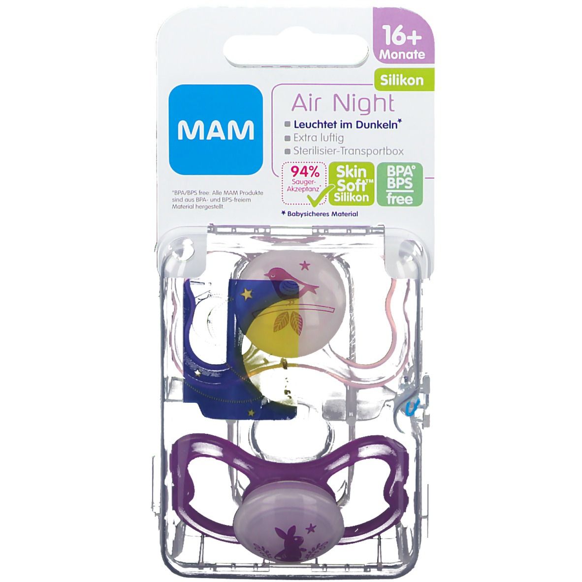 MAM Air Night fopspeen in verpakking. Siliconen, 16+ maanden. Steriliseerbare transportbox. Licht op in het donker.