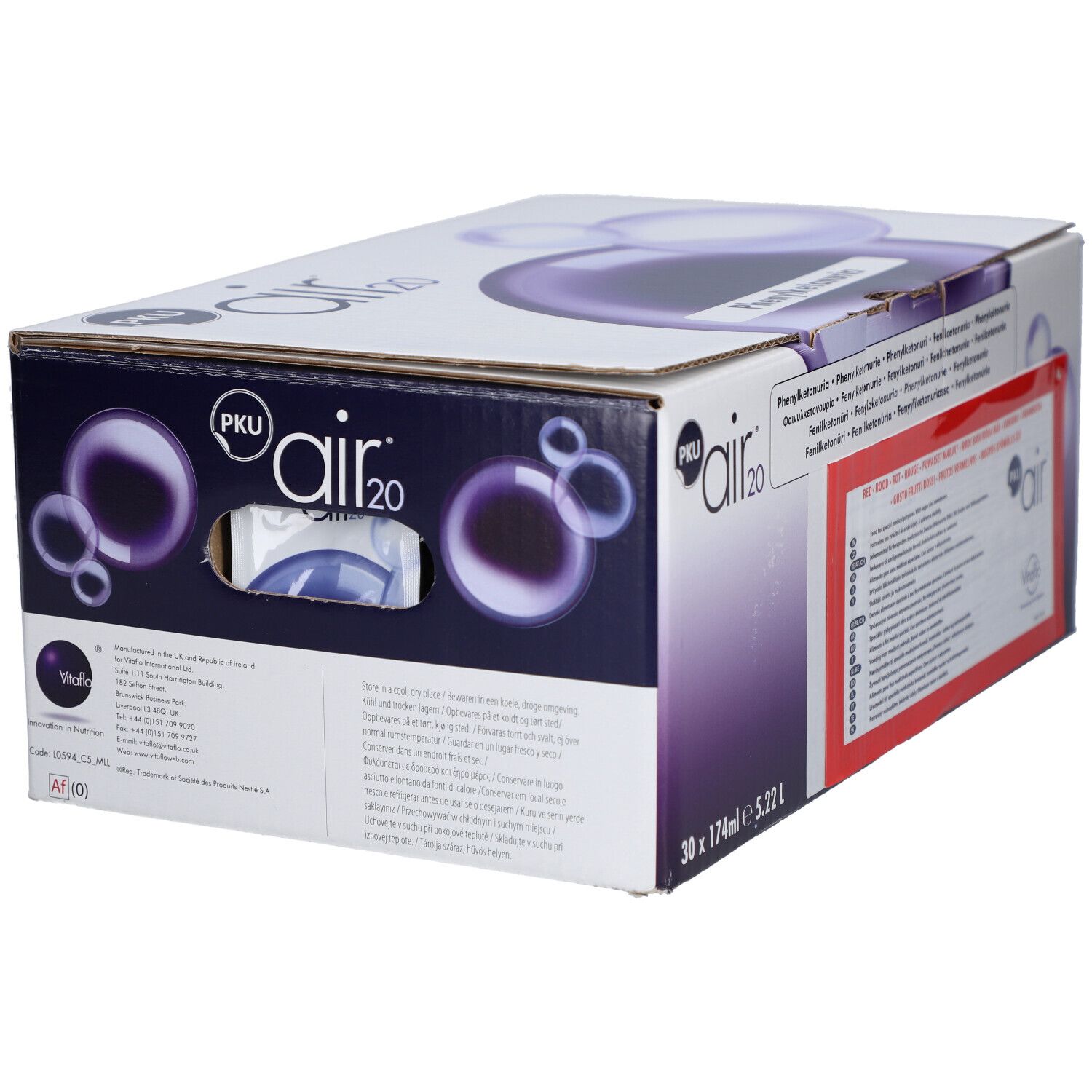 Boîte PKU air 20. Inscription : 30 x 174ml 5.22 L. Autocollant rouge avec texte. Emballage violet et blanc.