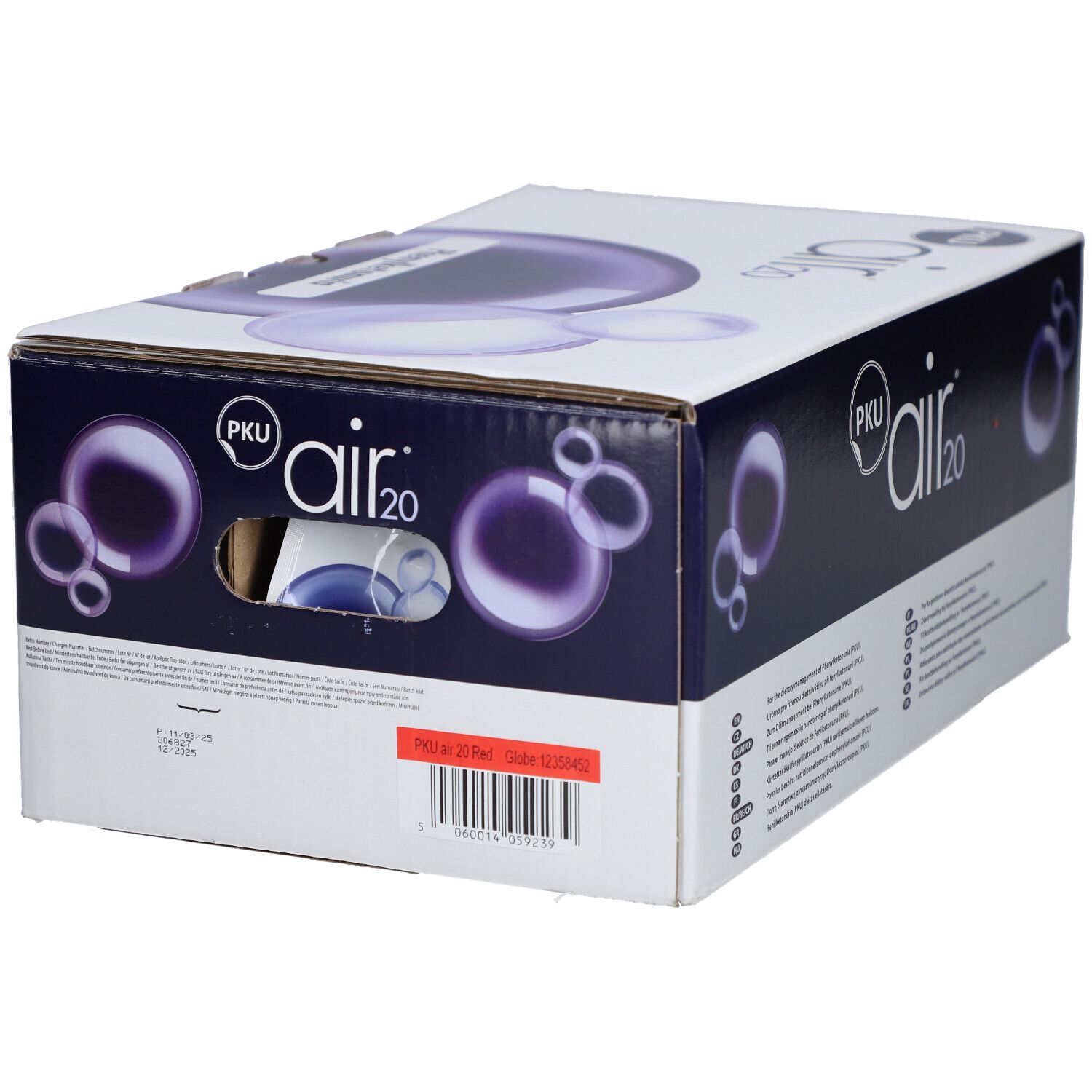 Boîte PKU air 20. Inscription : 30 x 174ml 5.22 L. Autocollant rouge avec texte. Emballage violet et blanc.