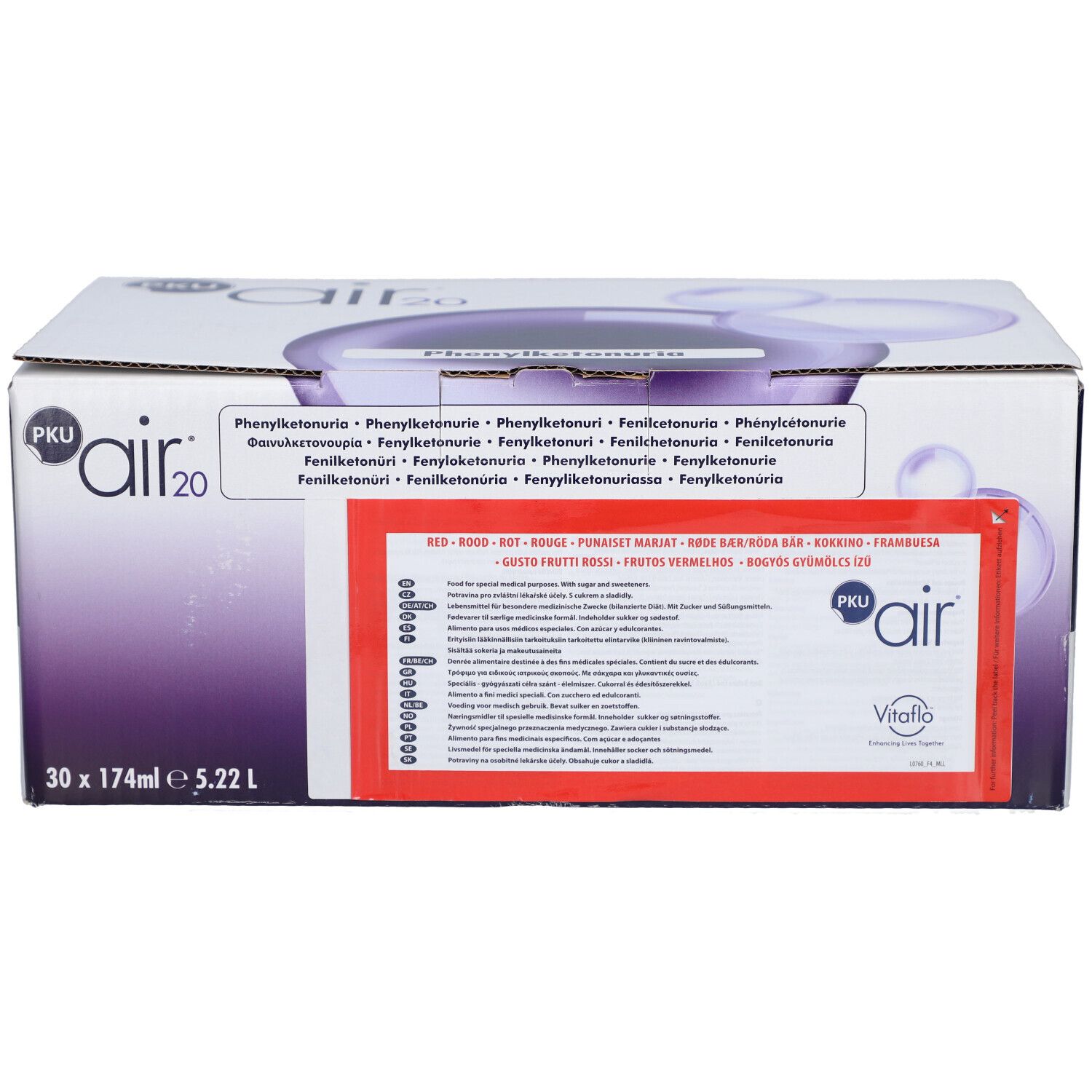 Boîte PKU air 20. Inscription : 30 x 174ml 5.22 L. Autocollant rouge avec texte. Emballage violet et blanc.