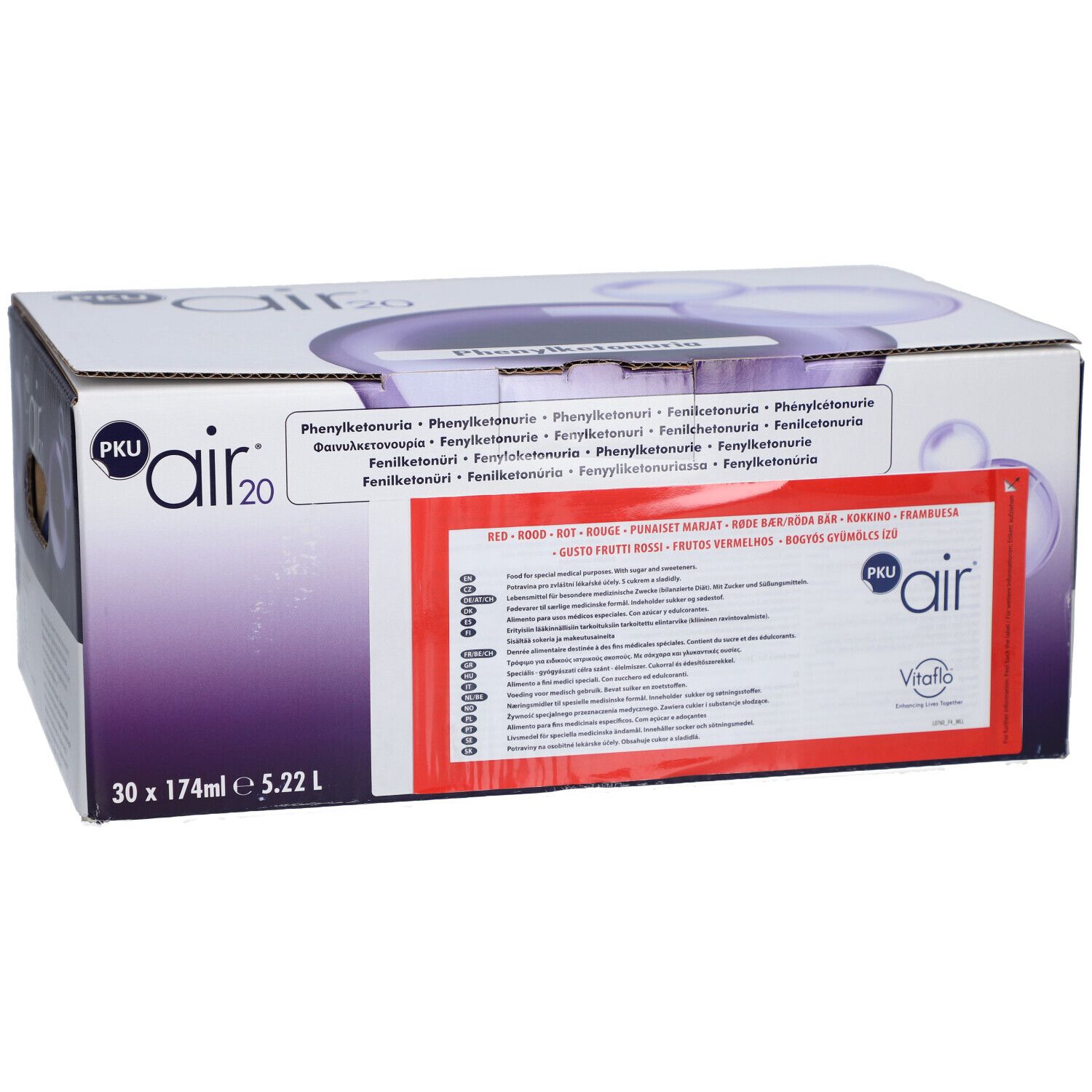 Boîte PKU air 20. Inscription : 30 x 174ml 5.22 L. Autocollant rouge avec texte. Emballage violet et blanc.