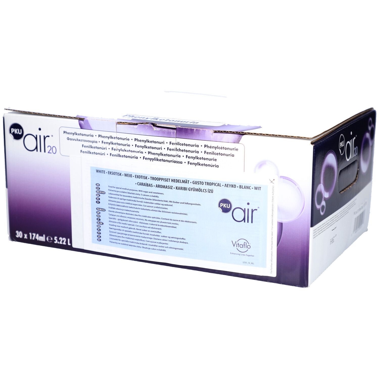 Emballage en carton PKU air 20. Inscription : White, exotique, weiß, tropical, myrtille, gusto tropical, keyro, blanc, wit. 30 x 174ml.
