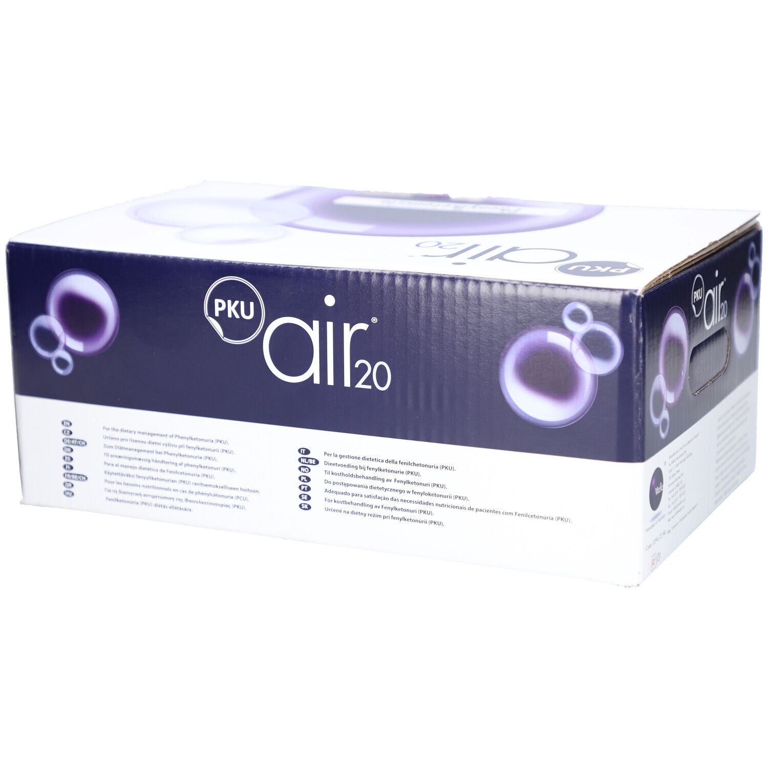 Emballage en carton PKU air 20. Inscription : Vitaflo. Graphiques violets et blancs. Informations sur le produit sur le côté.