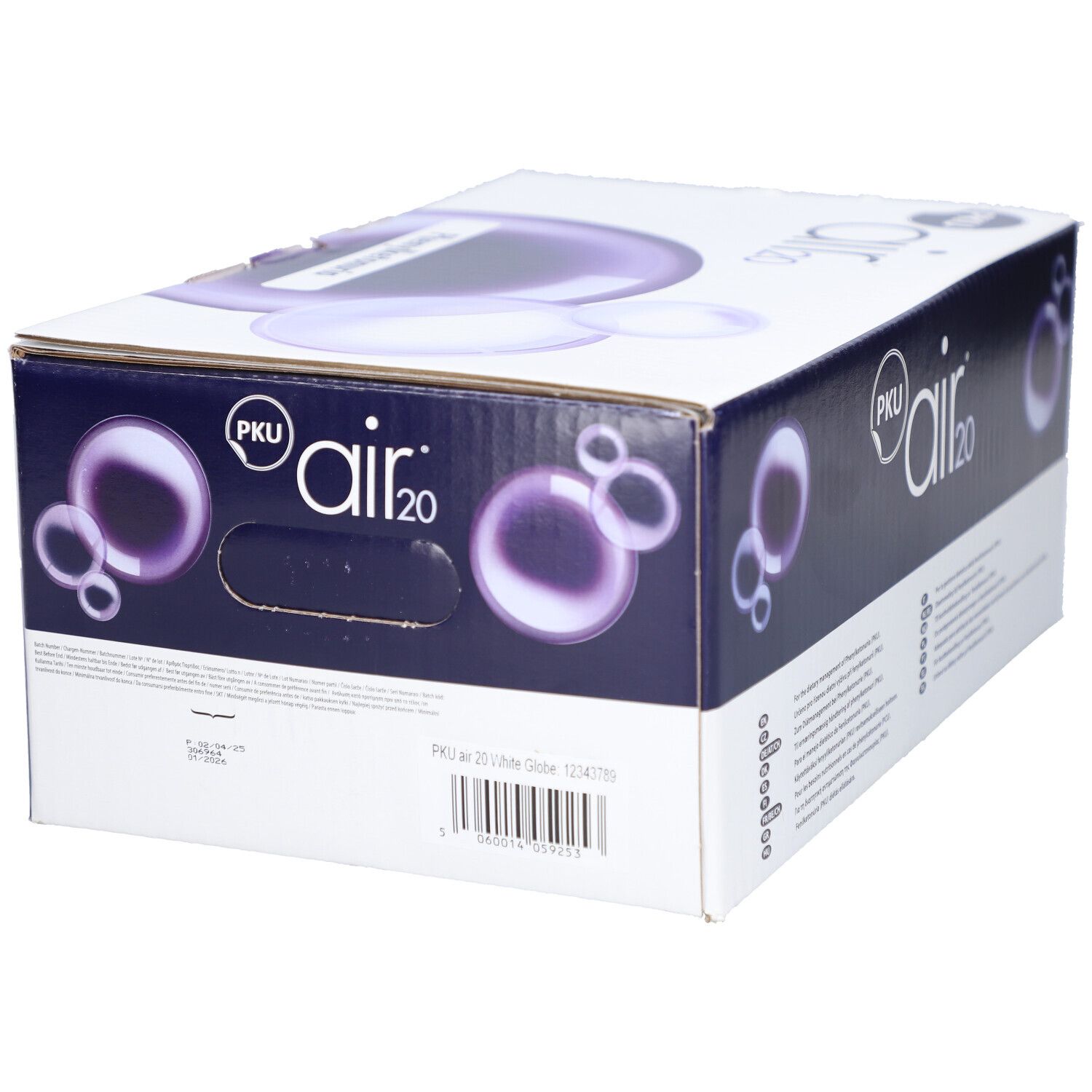 Emballage en carton PKU air 20. Inscription : Vitaflo. Graphiques violets et blancs. Informations sur le produit sur le côté.