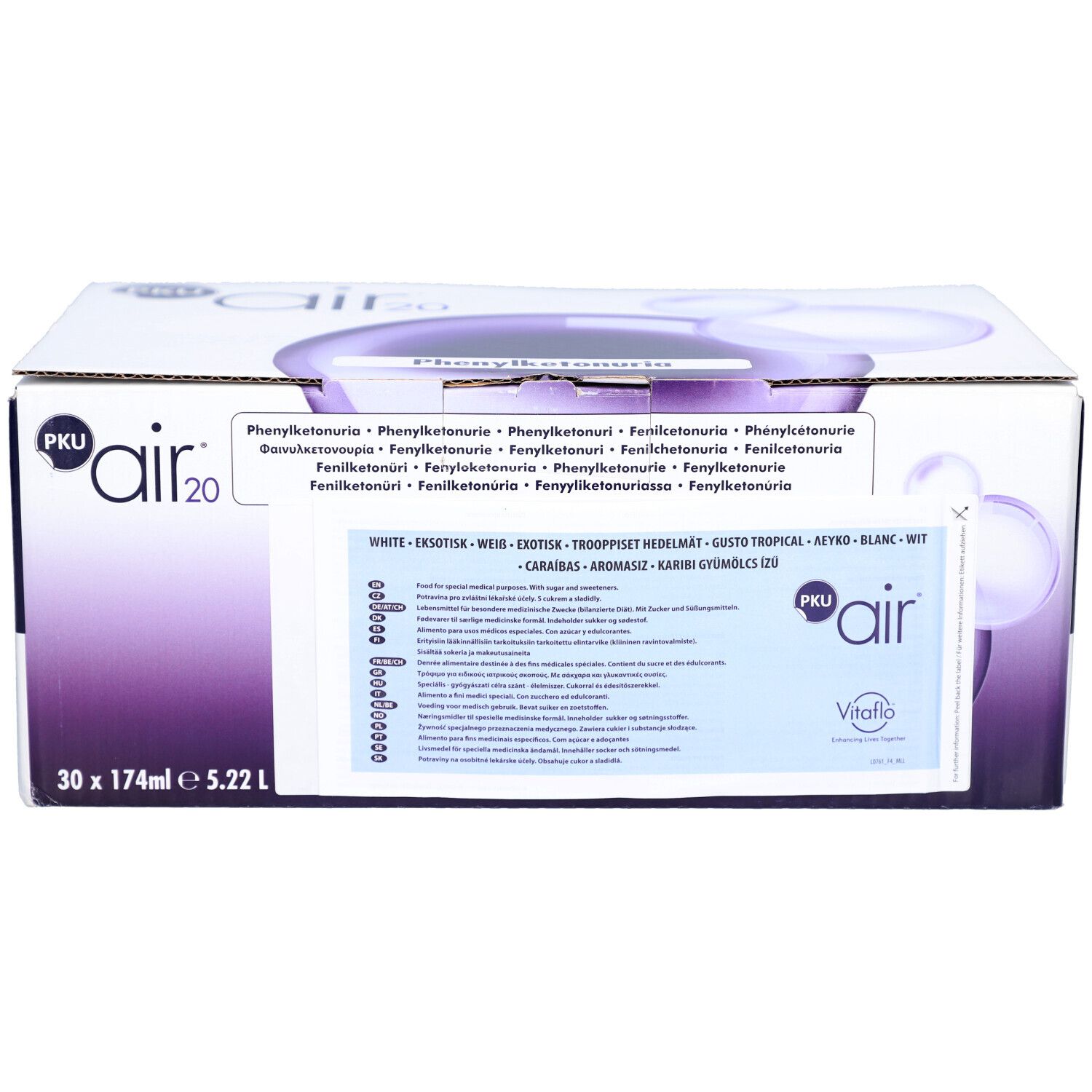 Emballage en carton PKU air 20. Inscription : White, exotique, weiß, tropical, myrtille, gusto tropical, keyro, blanc, wit. 30 x 174ml.