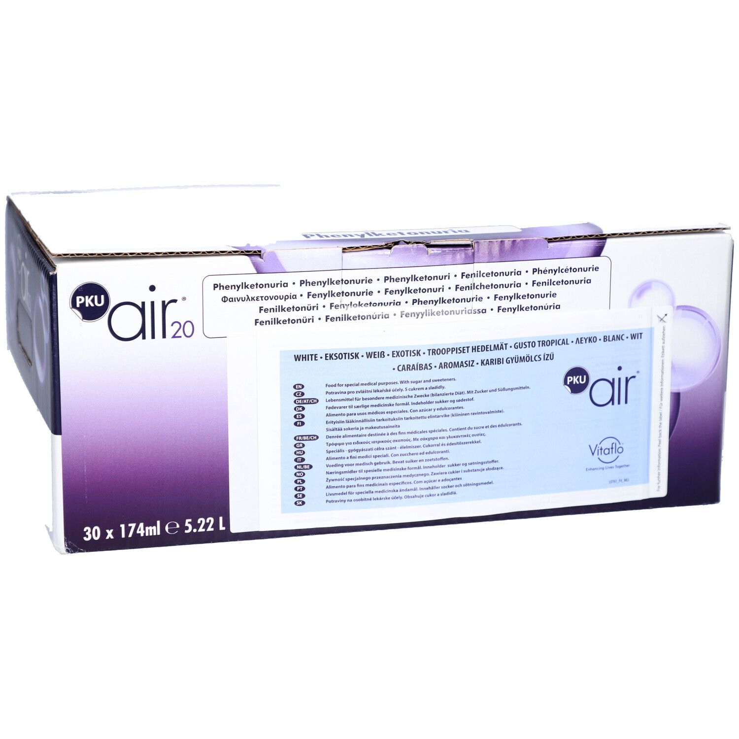 Emballage en carton PKU air 20. Inscription : White, exotique, weiß, tropical, myrtille, gusto tropical, keyro, blanc, wit. 30 x 174ml.