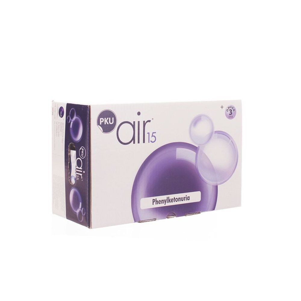 Verpakking van PKU air15. Witte doos met paars ontwerp en productnaam. Opschrift Fenylketonurie.