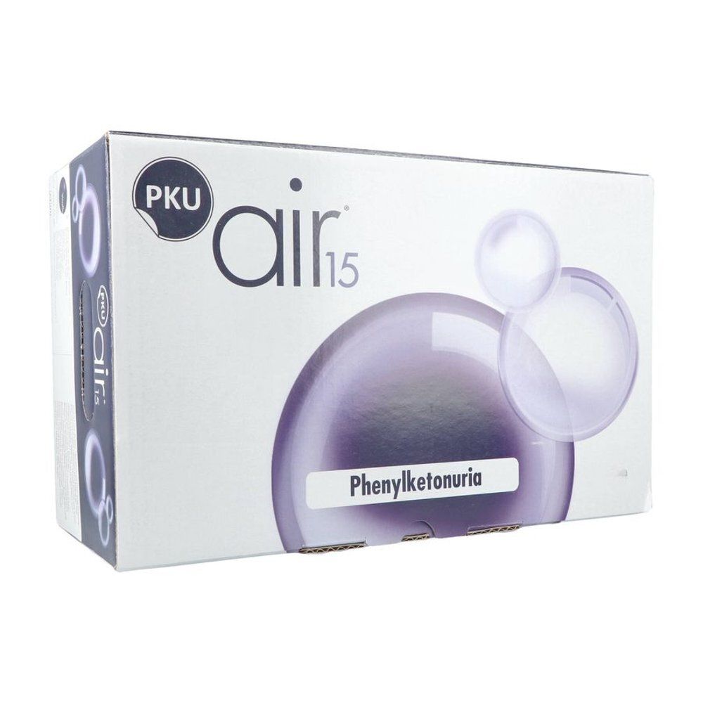 Verpakking van PKU air 15. Witte doos met PKU air 15 logo. Paarse, ronde afbeeldingen. Opschrift: Fenylketonurie.